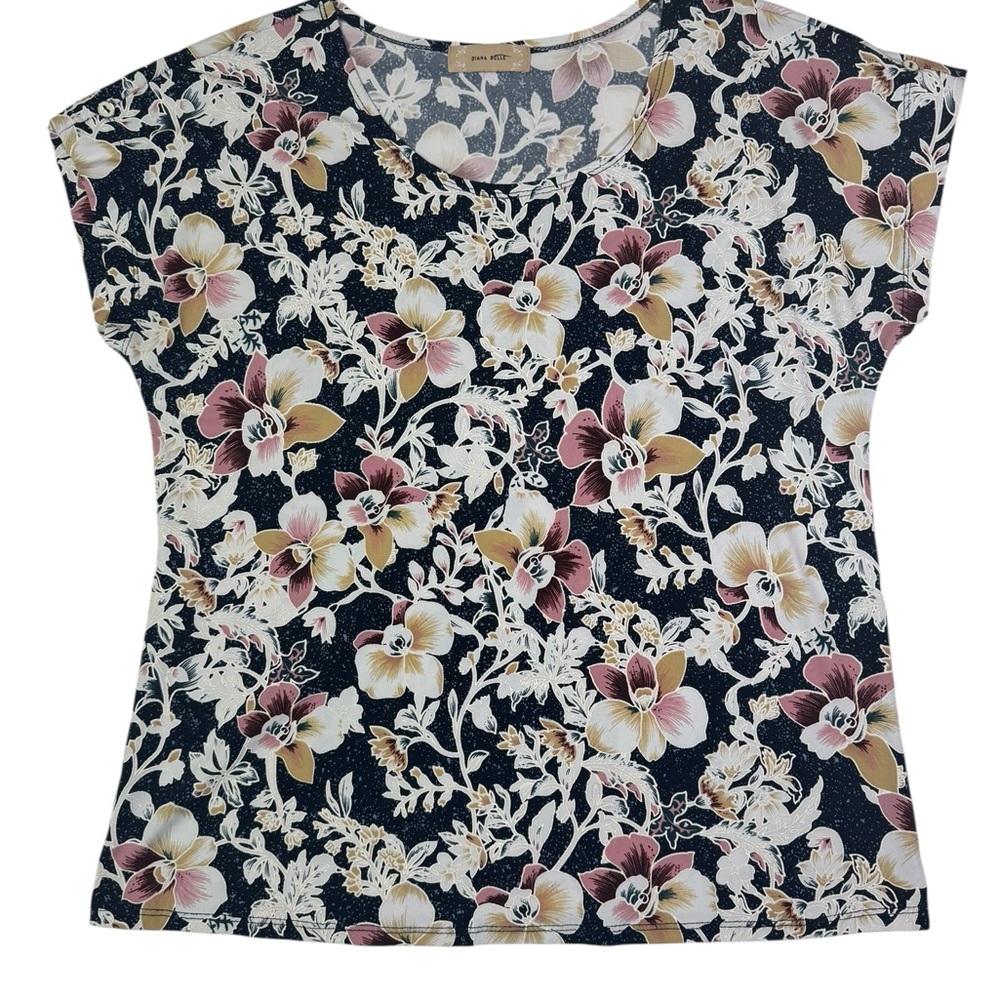 Diana Belle Women’s Floral Short Sleeve Top XL‎ Navy Pink Yellow